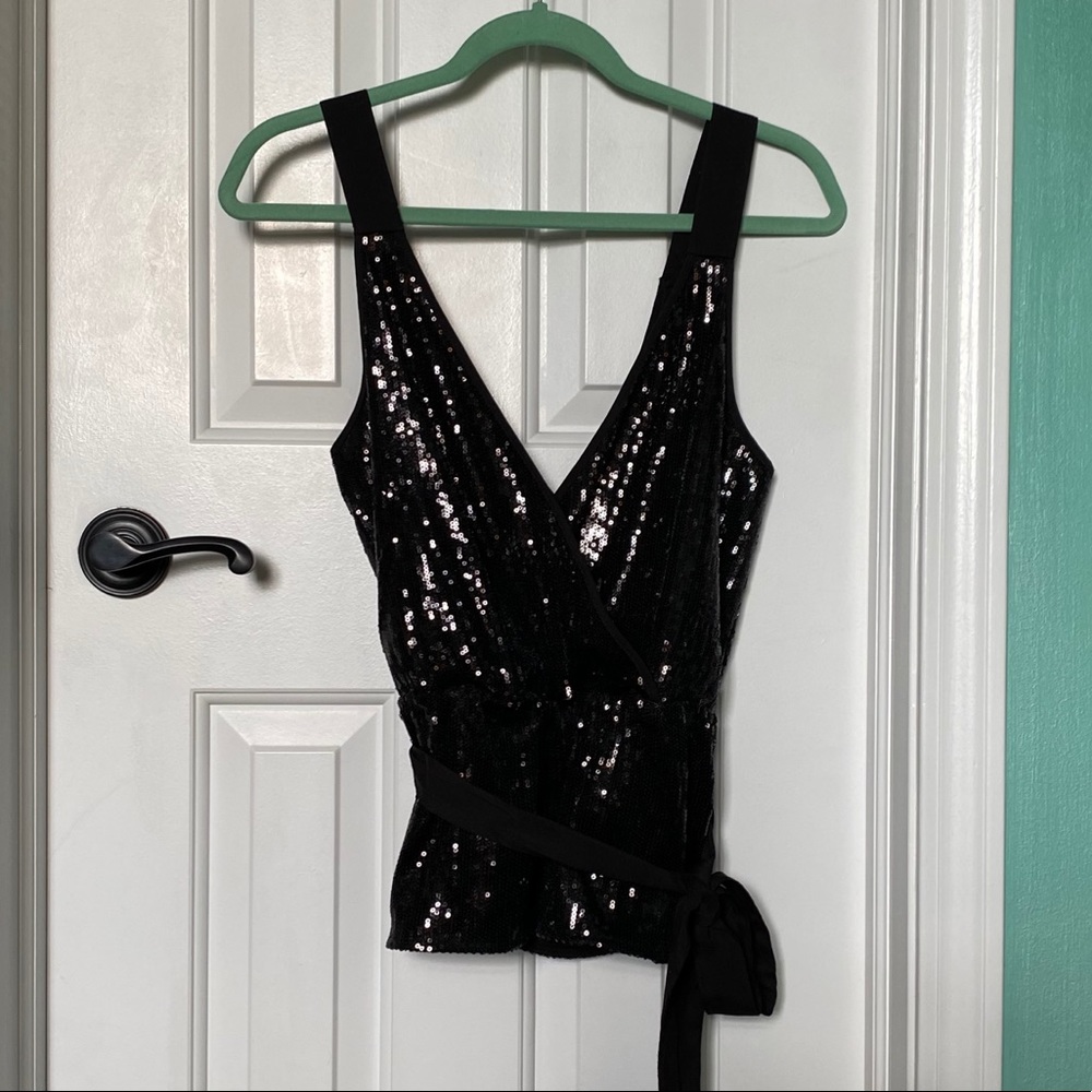 Black Sequin Cinched V-Neck  Top